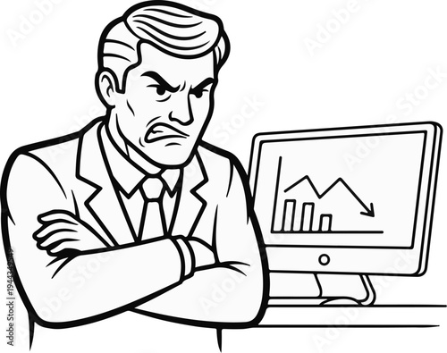 Angry businessman looking at declining stock market graph on monitor