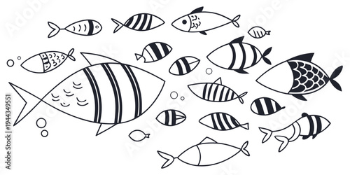 A diverse group of fish swimming together in a school, showcasing various patterns and sizes.