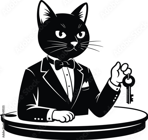 Black cat wearing tuxedo suit and bowtie holding house keys behind reception desk as professional real estate agent vector illustration