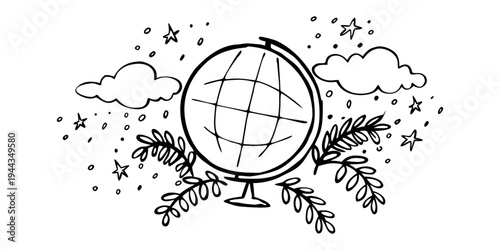 A beautifully illustrated globe with stars, clouds, and plants surrounding it