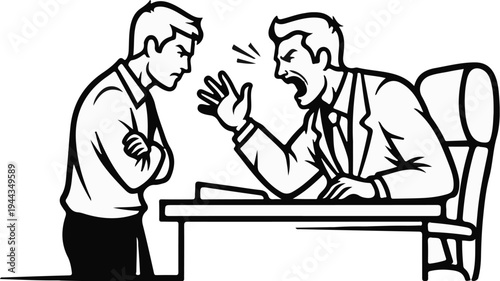 Angry man in suit yells at employee in office, conflict