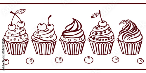 Four cupcakes with different frosting designs and cherry toppings in a row