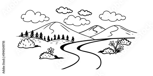 A winding road leading to a mountain range with trees and clouds in the background