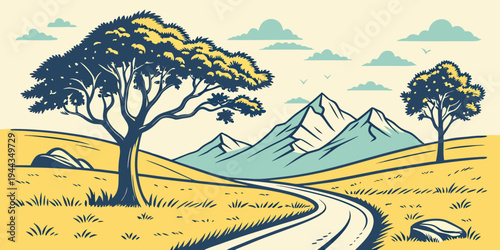 A scenic landscape featuring a winding road, trees, and distant mountains under a clear sky