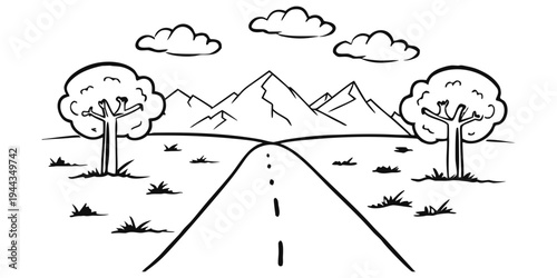 A serene landscape featuring a winding road leading towards distant mountains and trees