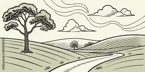 A large tree standing tall in a vast open field with gentle rolling hills and clouds in the sky.