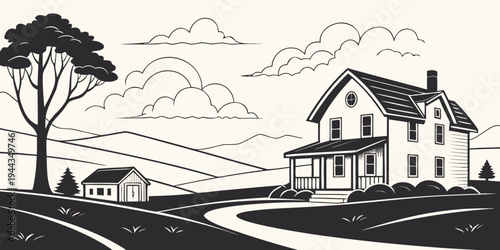 A charming house with a car parked on a road surrounded by trees and a sky with clouds