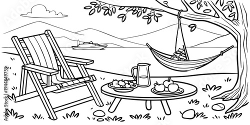 A serene lakeside scene with a canoe, picnic table, and lounge chairs under a tree.