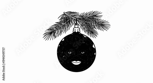 Black Christmas ornament with face on pine branch, festive decoration