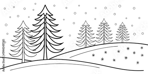 A serene winter landscape featuring a hill with snow-covered trees and falling snowflakes