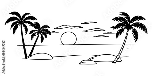 Two palm trees and a sun on a beach with a sunset and waves in the background