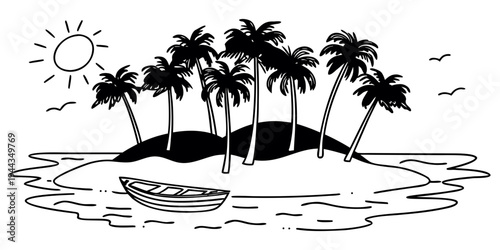 A small island with a few palm trees and a boat sailing nearby under a sunny sky