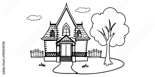 A charming two-story house with a pitched roof and a large tree in the front yard