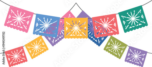 Colorful Papel Picado Bunting Flags Hanging on String for Celebration Decorations