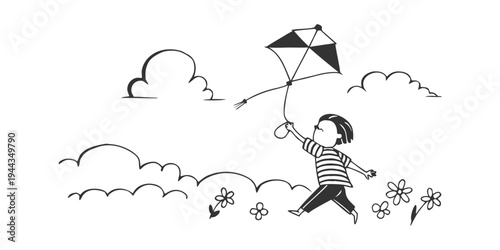 A person flying a kite in a field with flowers and clouds in the sky