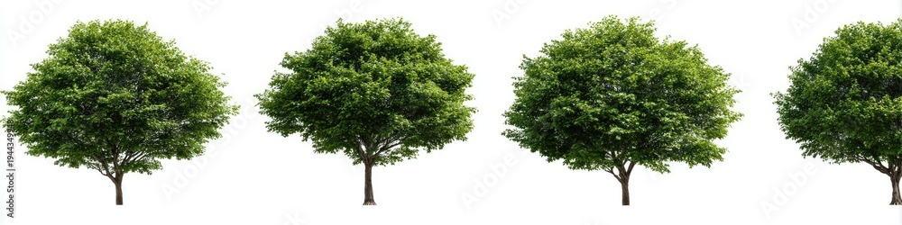 Obraz premium Four green trees with lush foliage and brown trunks against a white background
