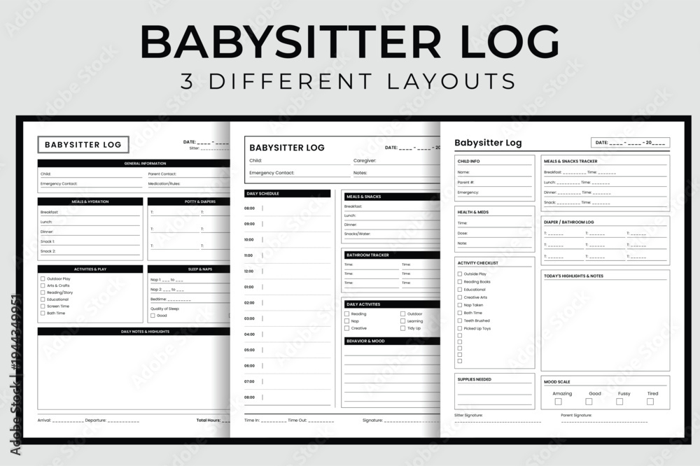 Fototapeta premium Babysitter Log Vector Illustration, Printable Caregiver Daily Information Sheet, Nanny Report Card and Emergency Contact Interior Template