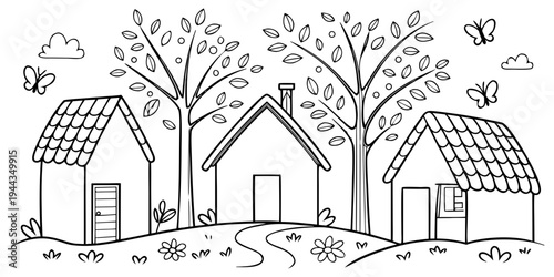 A charming illustration of three houses with trees and birds in a peaceful neighborhood