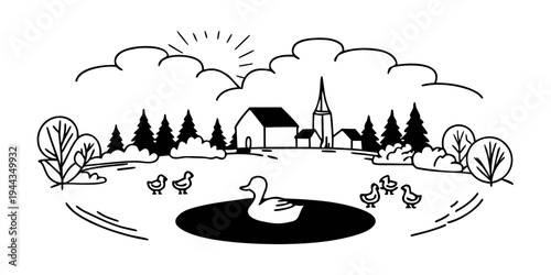 A serene countryside scene with a lake, trees, and a small village in the distance