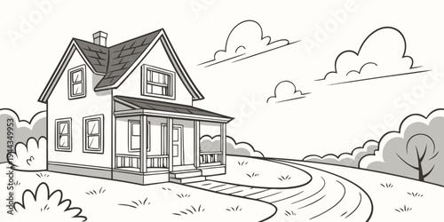 A charming house with a sloped roof and a chimney nestled in a rural countryside setting