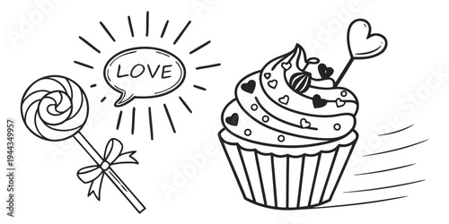 A delightful cupcake with a heart on top and a lollipop nearby