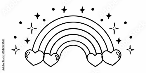 A whimsical illustration of a rainbow arching over three hearts with stars around it