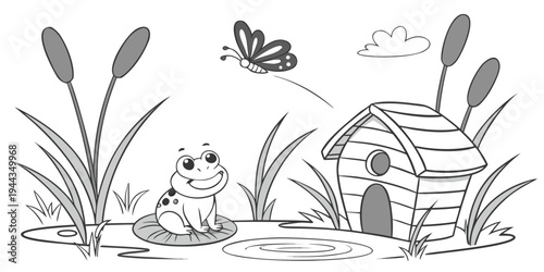 A charming illustration of a frog, butterfly, and dragonfly in a natural setting