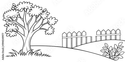 A serene landscape with a tall tree and a fence in the background.