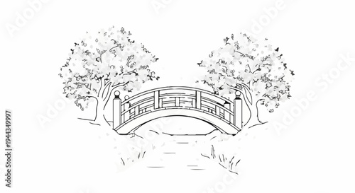 Arching wooden bridge with trees and a path