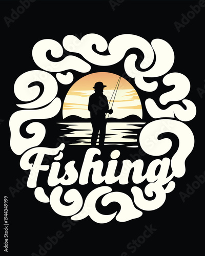Silhouette man fishes peacefully at sunset within an abstract cloud circle pattern