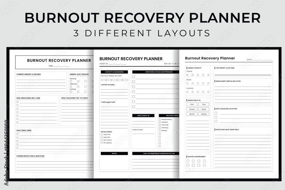 Fototapeta premium Burnout Recovery Planner Vector Illustration, Printable Mental Wellness and Self Care Journal, Stress Management and Energy Tracker Interior Template