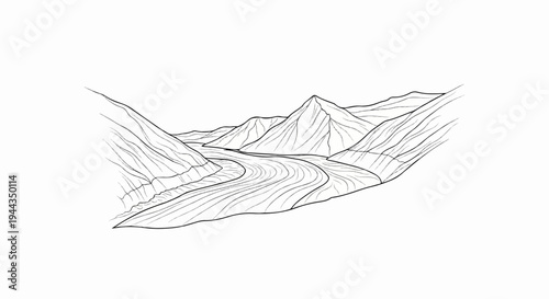 Artistic sketch of a winding glacier flowing between rugged mountain peaks