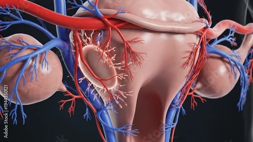 Anatomical 3D Animation of a Female Ovary Releasing an Egg, Highlighting Blood Vessels and Uterus