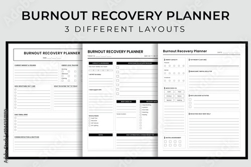Burnout Recovery Planner Vector Illustration, Printable Mental Wellness and Self Care Journal, Stress Management and Energy Tracker Interior Template