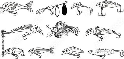 Assortment of fishing lures with hooks, designed to attract fish