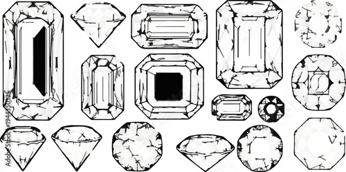 Assortment of detailed gemstone cuts, showing facet reflections and internal structures