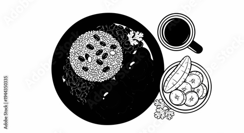 Black and white illustration of breakfast plate with rice and beans, eggs, and banana slices