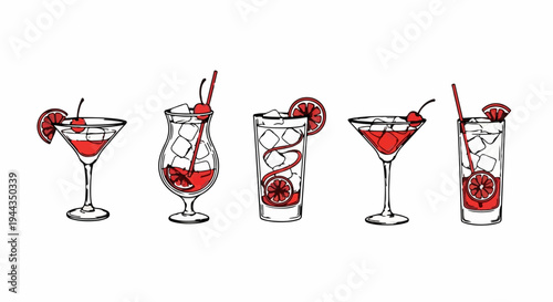 Assortment of five colorful, hand-drawn cocktails with garnishes