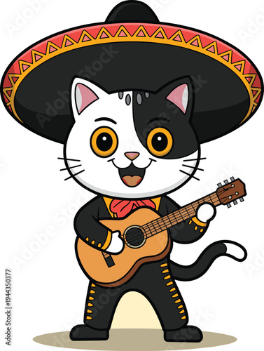 Cute Cat Musician Playing Guitar Wearing Sombrero and Mariachi Suit