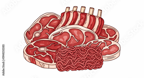 Assortment of raw meat cuts, including chops, steaks, and ground meat