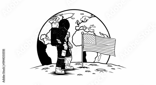 Astronaut plants flag on moon with Earth in background