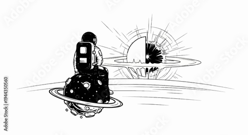 Astronaut sits on a planet, gazing at a cosmic explosion and rings