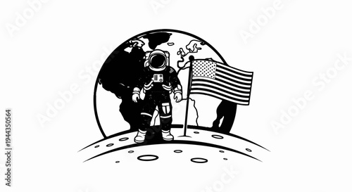 Astronaut stands on moon surface with Earth and flag behind