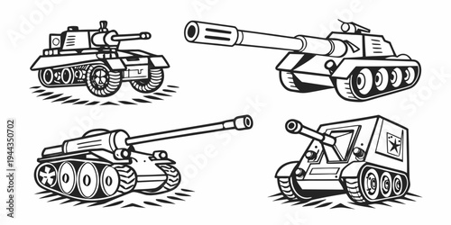 Four distinct military tanks depicted in a stylized, cartoonish manner.