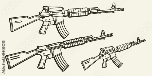 Three different types of assault rifles displayed in a row with detailed markings