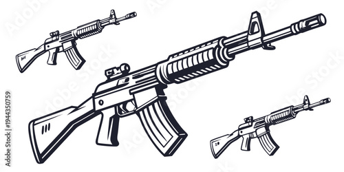 Assault rifles and submachine guns displayed in various orientations and angles