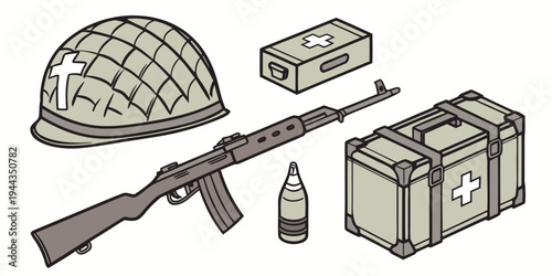 Assorted military equipment including a helmet, rifle, and various supplies