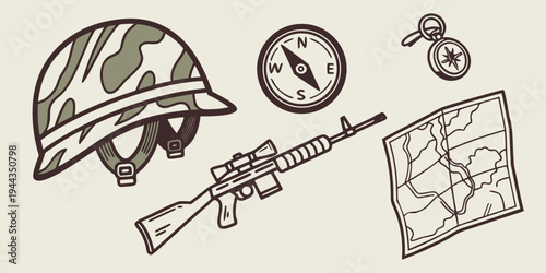 A soldier's helmet with a rifle, compass, and map on a white background