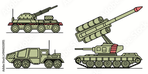 Four different types of military vehicles with various weaponry mounted on them