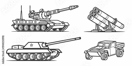 A collection of various military vehicles including tanks and artillery units